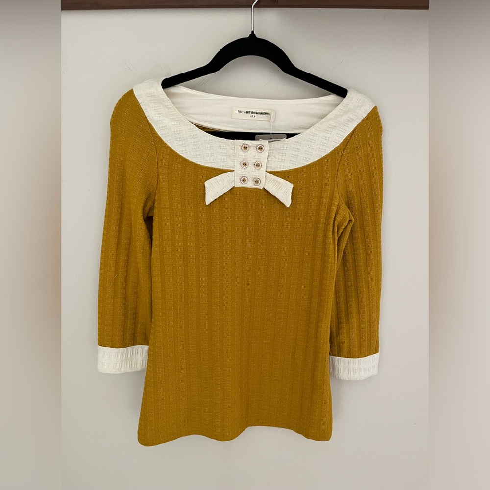 Anthropologie Pilcro Mustard Yellow Ribboned Collar Top Size S